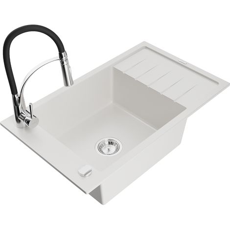 Mexen Elias lavello da cucina in granito ad 1 vasca con gocciolatoio e rubinetto Aster, bianco - 6511-20-73450-07 (1/5)