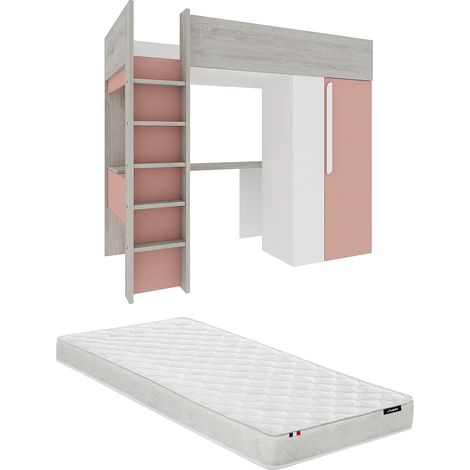 Letto a soppalco + materasso con armadio e scrivania 90 x 200 cm Rosa e Bianco - NICOLAS (1/5)