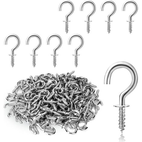 JSSEVN - Pack of 100 screw hooks for wood – Stainless steel – 2 x 1 cm – Easy installation for indoor and outdoor decoration (1/5)