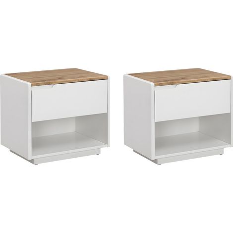 Comodino 1 cassetto e 1 nicchia MDF Bianco laccato e Rovere - Lotto di 2 - AMANI