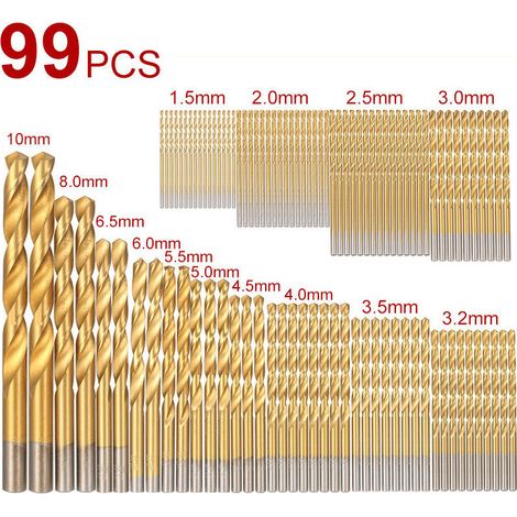 Coffret de 99 forets hélicoïdaux en acier rapide, revêtus de titane, queue droite, multi-diamètres 1,5-10mm pour bois et métal (1/5)