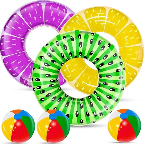 Paquete de 6 flotadores para piscina para niños, 3 flotadores inflables con forma de frutas y 3 pelotas de playa arcoíris (a granel), flotadores de verano para piscina para niños y adultos. (1/5)
