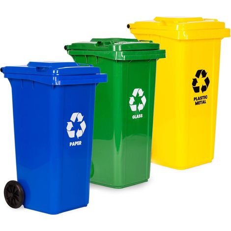 Set di contenitori per rifiuti, 3x120L, HDPE, blu/verde/giallo (1/5)