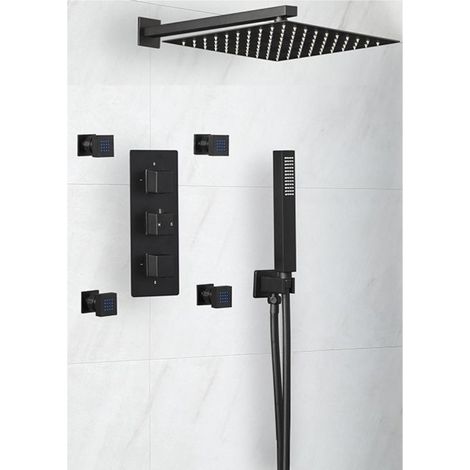 Milano Preto 3 Outlet Triple Diverter Thermostatic Mixer Valve with 300mm Wall Mounted Square Rainfall Shower Head  Hand Shower Handset Kit and Four Body Jets (1/4)