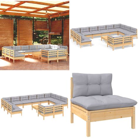 13-tlg. Garten-Lounge-Set mit Grauen Kissen Kiefernholz - Garten-Lounge-Set - Garten-Lounge-Sets - Home & Living (1/5)