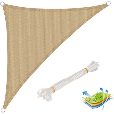 Voile d’ombrage triangulaire 3x3x4,25 m, en HDPE, protection contre le soleil avec protection UV pour jardin/terrasse, Sable (1/5)