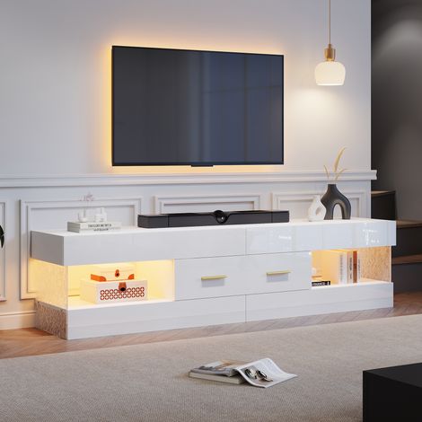Meuble TV LED - Rangement, Brillant - 152x35x40 cm - 2 tiroirs, 4 niches ouvertes et côtés - Acrylique - Blanc brillant (1/5)