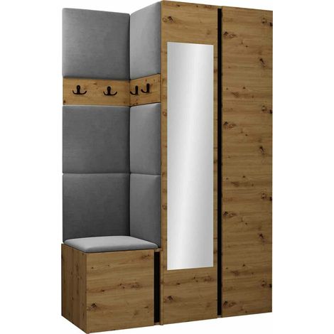 Mobilier1 – Meuble d'entrée Hartford 350 en chêne artisan et noir – Dimensions 186x116x44cm – Miroir intégré – À poser ou suspendre