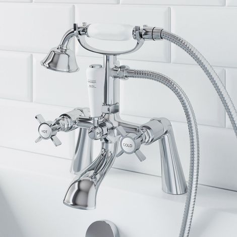 Traditional Bathroom Shower Mixer Tap Hose Handset Chrome Cross Handles Ceramic (1/5)