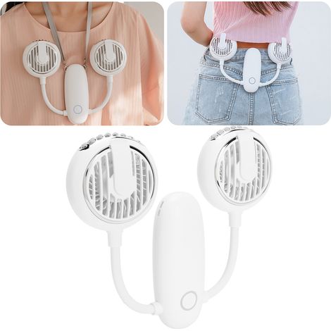 360° drehbarer Doppelkopf-USB-Ventilator, tragbar, zum Umhängen, ideal für Reisen im Freien (weiß). (1/5)