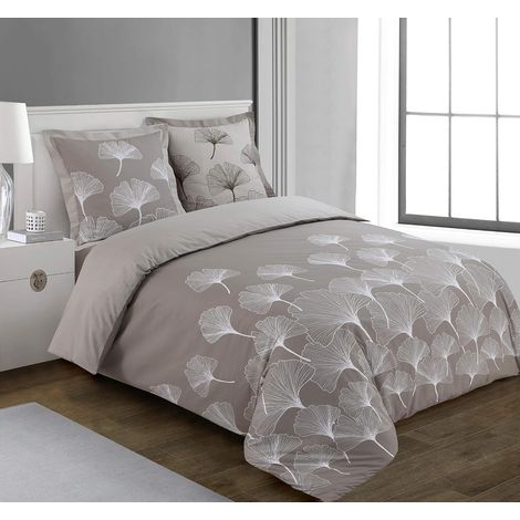 Parure de lit Réversible 100% Coton - Ginko Beige - Set de Housse de Couette 260x240 cm avec 2 taies d'oreiller pour lit Kingsize 2 Personnes - Fibres Naturelles - Oekotex (1/5)