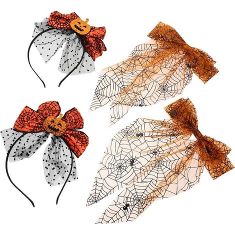 Accessoires pour cheveux citrouille d'Halloween avec bandeau en tulle et nœud en toile d'araignée orange clair, pinces à cheveux (1/5)