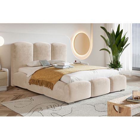 Lit rembourré 200x200 cm Roma - Lit Double avec Tissu Velours, Tiroir de Lit & Sommier (Beige - Amor Velvet 4304) + CADRE À LATTES EN MÉTAL