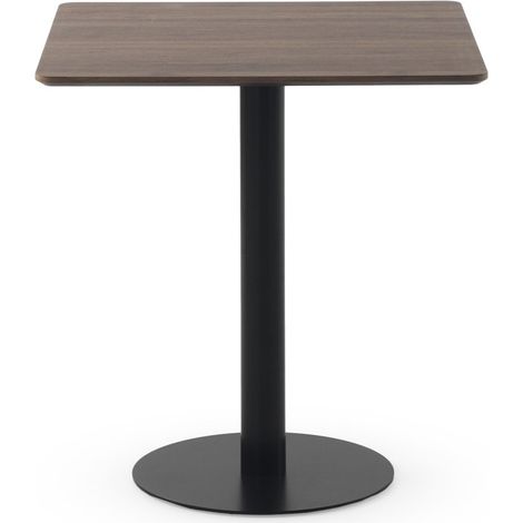 Table en mélamine noyer 70x70 cm, piètement central en métal noir (1/4)