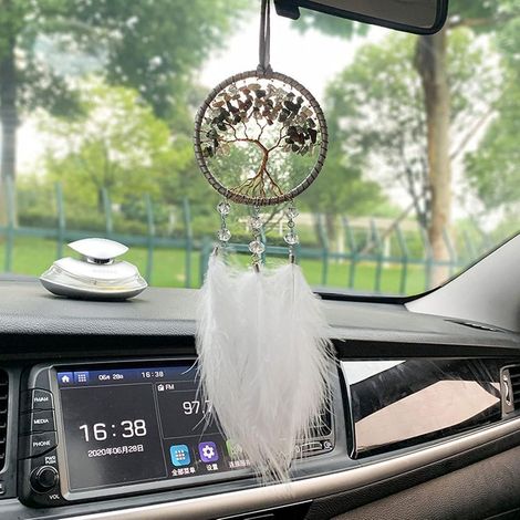 Dream Catcher Voiture Intérieur Rétroviseur Charms avec Cristal Pierre Arbre de Vie Petit Dream Catchers Voiture Pendentif Accessoires Suspendus (Blanc) (1/5)