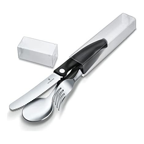 Victorinox Classic, set di posate composto da un coltello, una forchetta e un cucchiaio in acciaio inox, nero (1/4)