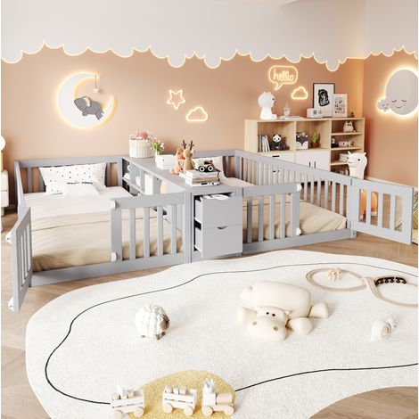 Bett für Kinder modern 2x90x200 cm Holz grau, mit hohen Gittern, 2 Schubladen und Mittelregal (1/5)
