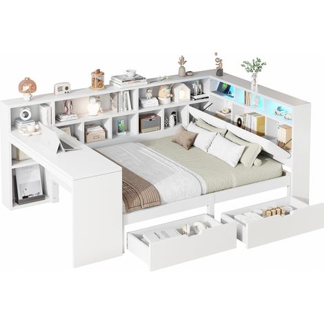 CHICFURN Letto matrimoniale 140x200 cm in MDF bianco con scrivania, contenitori e LED (1/5)
