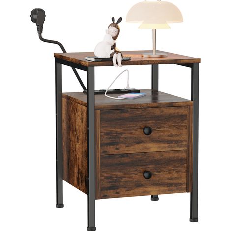 Table d'Appoint & Chevet Industrielle – 2 Tiroirs avec 2 Prises + 2 Ports USB, en MDF – Design Fonctionnel et Robustesse –41x41x61cm (1/5)