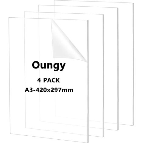 Lot de 4 plaques en verre acrylique de 3 mm, 42 x 29 cm, plaques acryliques transparentes, panneaux en plastique de 3 mm d'epaisseur pour l'exterieur, format A3 pour remplacement du verre, projets DIY (1/5)