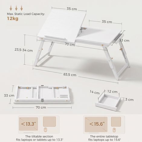 Table de lit réglable et pliable en bambou, support inclinable pour ordinateur portable, dimensions 83,5x33x34 cm, finition blanche (1/5)