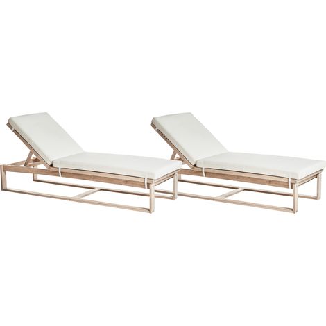 Conjunto de 2 tumbonas de jardín de madera de acacia reclinable con cojines blanco crema Azzanello