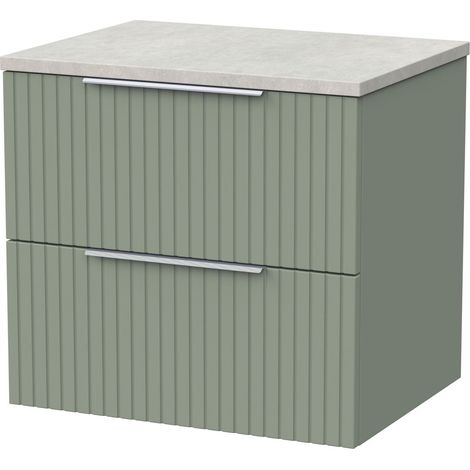 Callingwood Contemporary Wall Hung 2 Drawer Vanity Unit with White Sparkle Laminate Worktop , 600mm, Reed Green