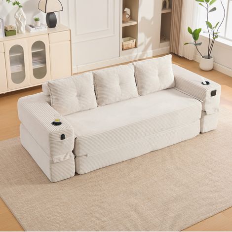 Canapé-lit pliable 232x98x80 cm beige en velours côtelé avec mousse haute densité et porte-gobelet (1/5)