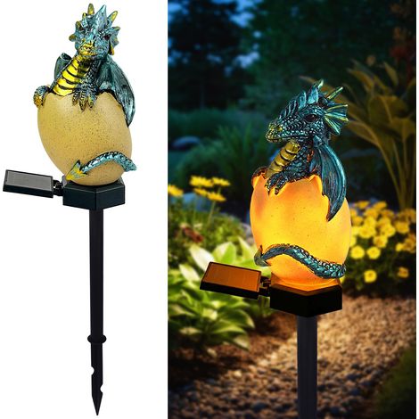 Lampe solaire dragon vert sculpture œuf lumineux, ornement fantaisiste jardin médiéval, décoration pelouse terrasse et cadeau (1/5)