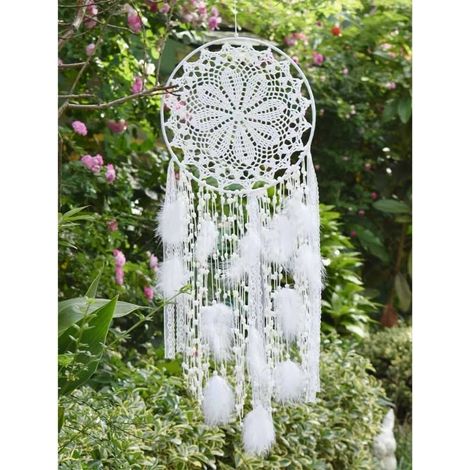 Grand attrape-rêves avec plumes blanches macramé à suspendre au mur pour décoration vintage de mariage ou maison - 100 cm de long Cercle de 30 cm de diamètre (blanc) (1/5)