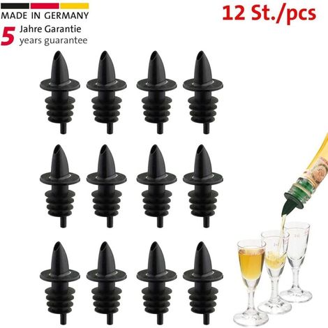 12er Set Spirituosenausgießer für Flaschen, Spender mit Luftschlauch, Kunststoffkappe, Jet-Pour, Schwarz (1/4)