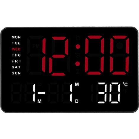 Horloge LED de 10,5 pouces avec un grand écran, plusieurs options de couleur, fonction date, température et alarme convient aux étudiants et aux professionnels rétroéclairage rouge boîtier noir. (1/5)
