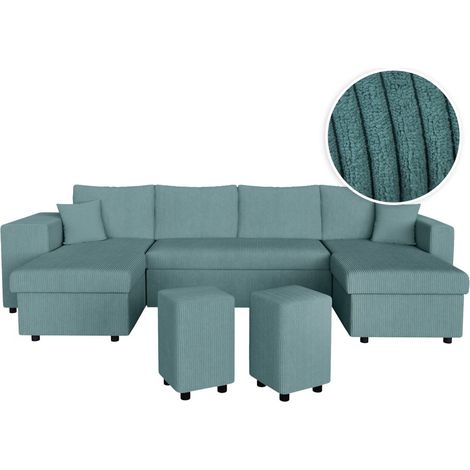 Canapé panoramique OSLO convertible avec 2 coffres, 2 poufs à gauche en velours côtelé bleu clair (1/5)