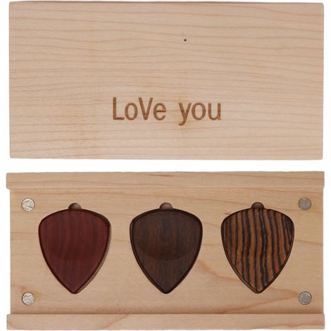 Coffret cadeau en bois de rangement pour médiators, comprenant 3 médiators et des accessoires pour instrument de guitare. (1/5)