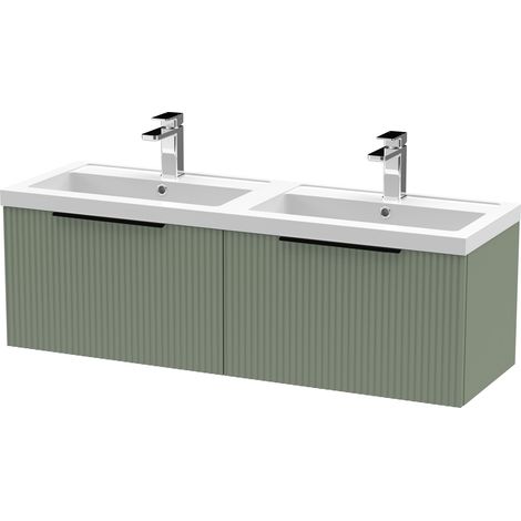 Fluted Front Wall Hung 2-Drawer Bathroom Vanity Unit with Double Basin, 1200mm, Satin Green, Black Handles (1/5)