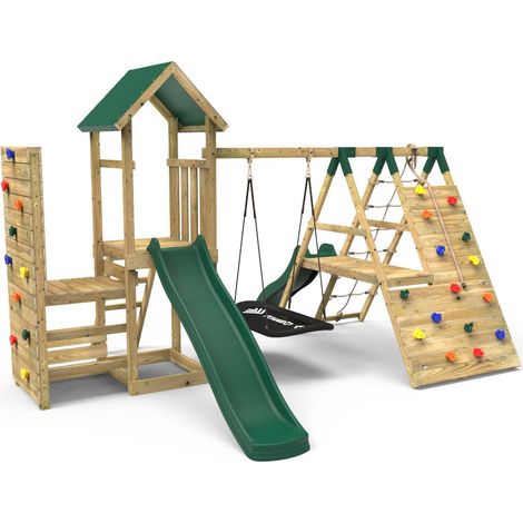 Rebo Wooden Climbing Frame with Vertical Rock Wall, Swing Set and Slide - Crestone+