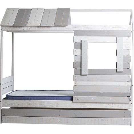 Pegane – Lit cabane enfant en bois blanc et gris – Couchage 90 x 190 cm – Dimensions 200 x 102 x 181 cm – MDF et pin (1/5)