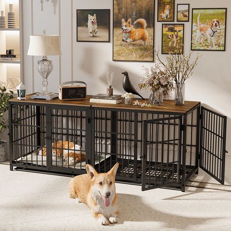Hundekäfig Schrank Indoor, Hundebox im Möbelstil mit 3 Türen und abnehmbarem Tablett - DIY Kombination Hundehaus kleine Hunde, Schwarz M 78x56x65 cm
