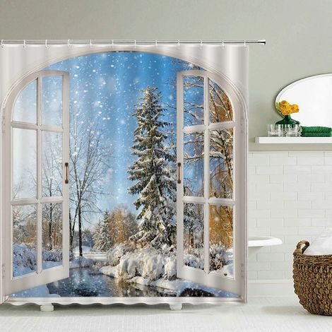 Rideau de douche imprimé en 3D, motif forêt, 180 x 200 cm, imperméable et lavable, avec crochets, largeur 120 x hauteur 180 cm