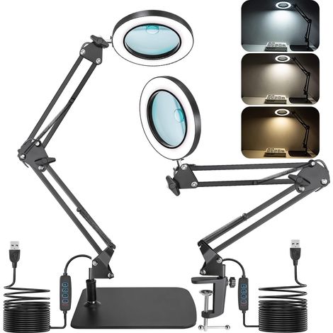 Loupe 2 en 1 avec lampe et support, lampe loupe LED 15x10x avec pince et socle, lampe de bureau à 3 modes de couleur, intensité réglable, idéale pour les loisirs créatifs, le bricolage, les réparation