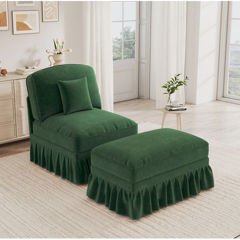 Fauteuil relax avec repose-pieds 83,5x78x93 cm vert, housse à volant amovible, chenille MEUBLIV (1/5)