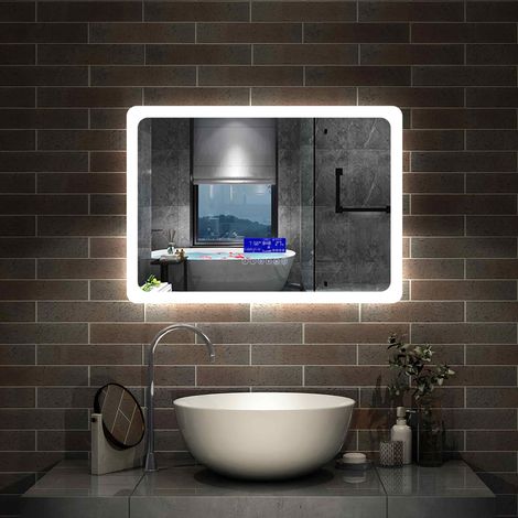 Wall Mounted Illuminated LED Bathroom Mirror with Lights Sensor Touch with Demister Pad - 700 x 500mm+Bluetooth+2 Colour