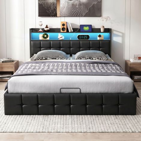 Lit coffre 160x200 cm avec sommier à lattes, lit double capitonné, tête de lit avec rangement, éclairage LED RGB, USB/ C, PU - Noir