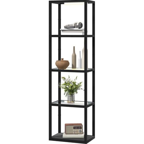 Lampadaire LED avec étagère à 4 niveaux, 4 tablettes en verre, interrupteur au pied, MDF noir (1/4)