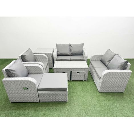 Fimous 9 Seater Outdoor Reclining Chair Love Sofa Set Rattan Garden Furniture Set with Oblong Coffee Table 3 Stools Side Table Light Grey (1/4)