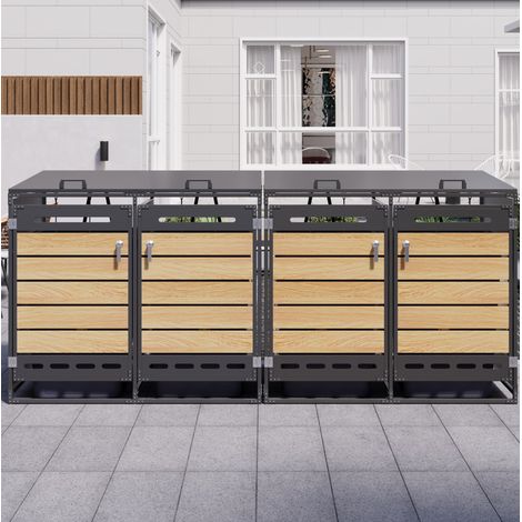 Caja para cubos de basura de 4 compartimentos (262x79x116 cm), con tapa hidráulica, ventilación, acero, negro (1/5)