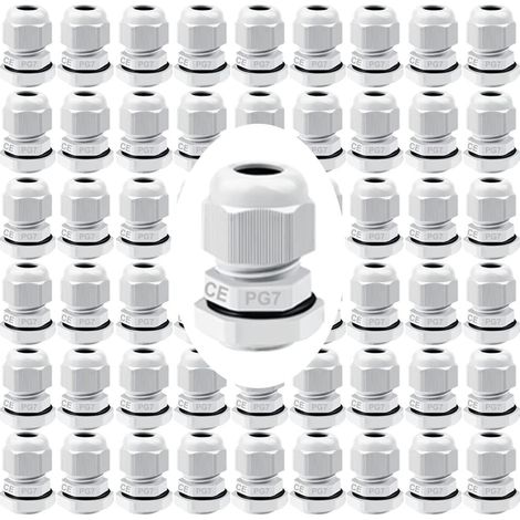 52 pcs PG7 Presse-étoupe, Joints de Presse-étoupe Réglables en Plastique étanche IP68 3,5-6 mm avec Joints (Blanc) (1/5)