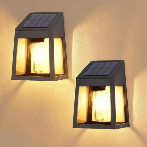 Luci solari da parete, luci retrò per recinzioni, luce bianca calda, impermeabili IP65, per pali di recinzione, giardino, cortile, parete del portico, 2 pezzi [Classe di energia (1/5)