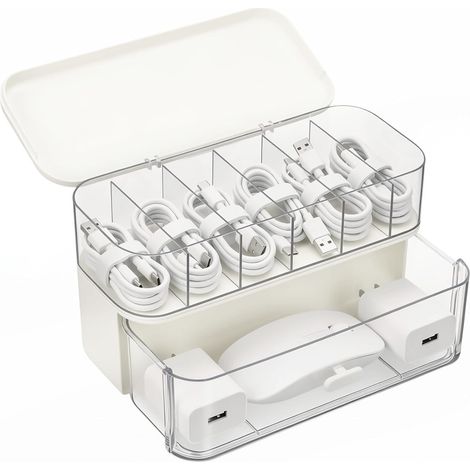 Caja organizadora de cables de 2 piezas, con tapa y 6 separadores, caja de almacenamiento para cables USB, cargadores y dispositivos electrónicos, oficina/hogar (1/5)