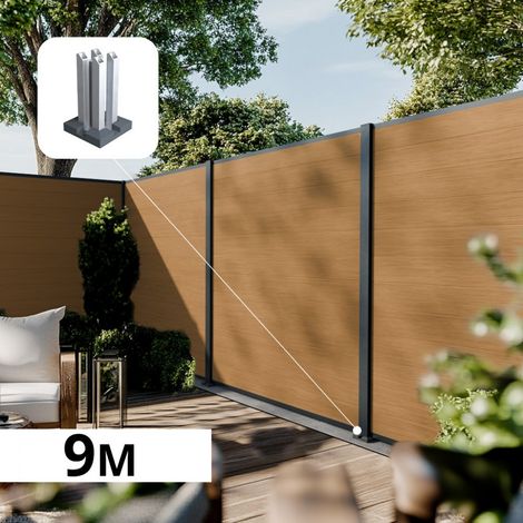 Kit Clôture Composite sur Muret CRUZ Cèdre 9,20x1,8m - Bois composite & Aluminium - Poteaux sur Platines Gris Anthracite - Brise vue